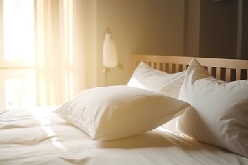 Modern bedroom close up. Wooden headboard in white | Towels on bed in hotel room, close up. Hotel service concept, Generative AI