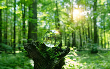 Crystal ball on tree stump in forest, abstract natural background. magic prediction crystal ball...