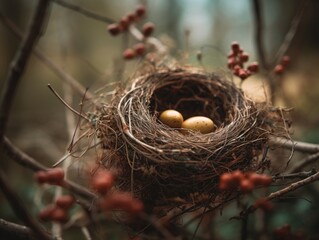 Naklejka na ściany i meble A bird's nest perched on a branch