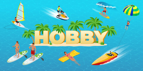 Isometric Hobby concept. Sports. Surfer on Blue Ocean Wave. Fun in the ocean, Extreme Sport, water skiing. Active summer vacations with paddle board. Hobby Young People.