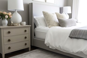 Modern bedroom close up. Wooden headboard in white | Towels on bed in hotel room, close up. Hotel service concept, Generative AI