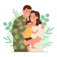 Happy family. Woman and a man hold their son in their arms. Man in a military uniform. Family of a military serviceman. Vector illustration