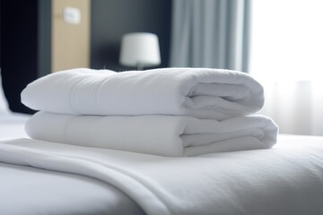 Fototapeta na wymiar Roll of clean bath towel on white table, copy space | folded terry towels lie on clean white bed. Cleaning in guest room of hotel, cleanliness, laundry, AI generated