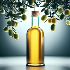 product shot of olive oil bottle standing between olive tree branches with olives hanging on them - 589281484