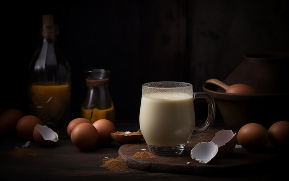 A mug of Rompope set in a rustic scene with eggs and spices, offering a glimpse into the traditional recipe of this festive beverage