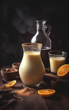 A jug and a glass of Rompope, a traditional Mexican eggnog, enriched with a hint of citrus, ready to be savored