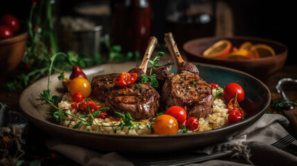 Obraz na płótnie Canvas Roasted Lamb Chops with Couscous and Roasted Tomotoes-Mediterranean Food-Generative AI