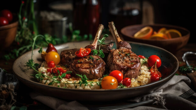 Roasted Lamb Chops with Couscous and Roasted Tomotoes-Mediterranean Food-Generative AI