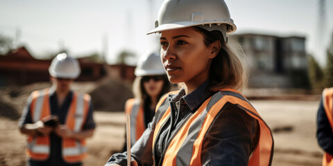 A female construction foreman leading her team on a building site, showcasing authority, confidence, and responsibility in a traditionally male - dominated field (created with Generative AI)