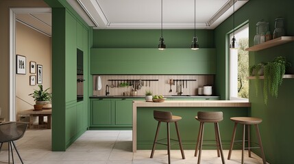 Fototapeta na wymiar Green kitchen and minimalist interior design. generative ai