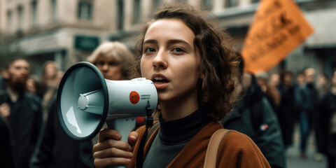 charismatic activist leading a protest march, megaphone in hand, with a determined expression on their face (created with Generative AI) - obrazy, fototapety, plakaty