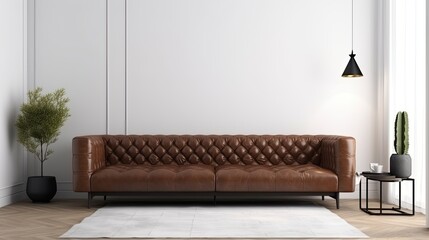 Interior living room wall mockup with leather sofa and decor on white background. generative ai
