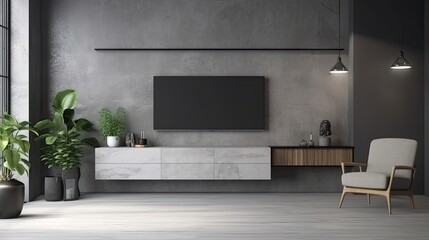 Living room interior have cabinet for tv and gray armchair in cement room with concrete wall.  generative ai