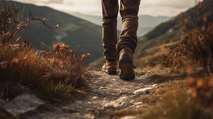 Male hiker walking on scenic mountain trail with close-up of leather hiking boots