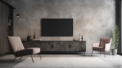 Living room interior have cabinet for tv and gray armchair in cement room with concrete wall.  generative ai