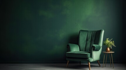 Living room with green armchair on empty dark green wall background. generative ai