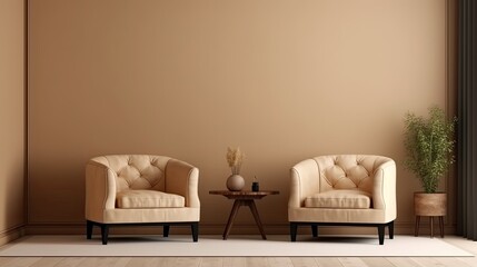 Living room with two leather armchair on empty cream color wall background. generative ai