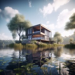 Modern house near a lake, architectural photography