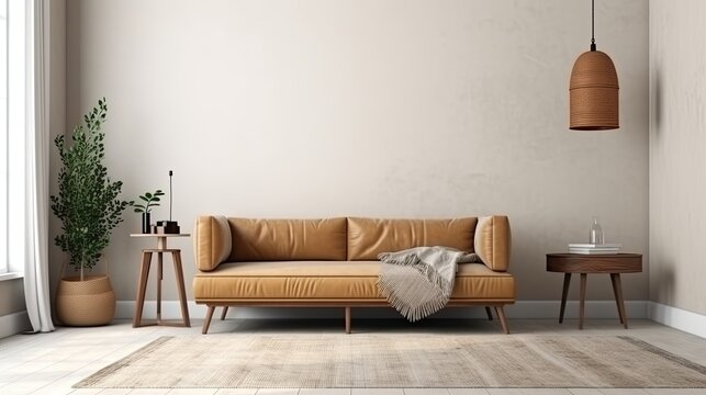 Interior living room wall mockup with leather sofa and decor on white background. generative ai