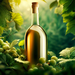 wine bottle filled with white wine standing in a natural setting surrounded by dense green wine leaves and grapes