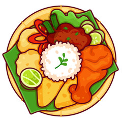 Nasi Ayam Penyet - Indonesian food spicy penyet chicken illustration vector. Indonesian food fried chicken rice with sambal belacan icon top view. Nasi Ayam Penyet Malaysia top view cartoon.