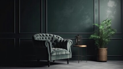 Style loft interior with gray armchair on empty dark green wall background. generative ai