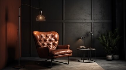 Style loft interior with leather armchair on dark cement wall. generative ai