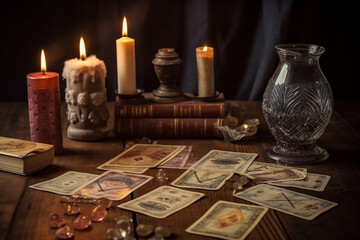 Naklejka na ściany i meble Generative ai Tarot cards on fortune teller old desk background