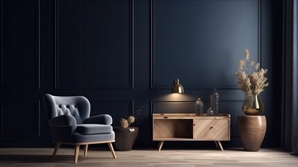 Stylish Modern wooden living room has an armchair on empty dark blue wall background. generative ai