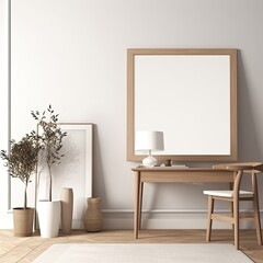White Blank wooden picture frame mockup on wall in modern interior. generative ai