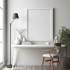 Naklejka na ściany i meble White Blank wooden picture frame mockup on wall in modern interior. generative ai