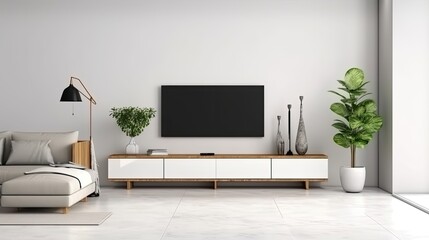 white wall background, Modern living room decor with a tv cabinet. generative ai