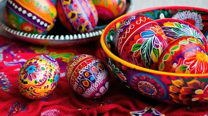 Fototapeta na wymiar Happy Easter eggs in colorfully painted, patterned baskets, linen napkins on the Bohemian Inspired Table