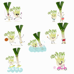 Illustration vector set, collection with funny characters fennel, leek, onion.  Funny and healthy food. Vitamins, cute face food, ingredients, vegetarian, vector cartoon, agriculture, raw.
 - obrazy, fototapety, plakaty
