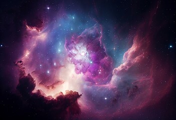 A cosmic background with a colorful purple nebula and shining stars. Generative AI