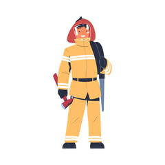 Professional firefighter standing with axe. Fireman character in uniform and hat with rescue equipment. Rescue emergency service in action cartoon vector illustration