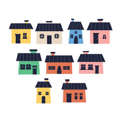 Vector collection colorful tiny house. Village building concept for kids design, print, social media, poster, postcard. Modern Flat Style