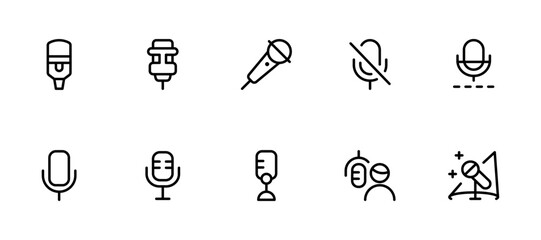 Microphone Icons set. variant microphone icon. Karaoke mic. Podcast microphone. Editable Stroke. Line, Solid, Flat Line, and Suitable for Web Page, Mobile App, UI, UX design.