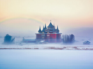 Obraz premium Orthodox wooden church on Kizhi island in winter mist - generative ai
