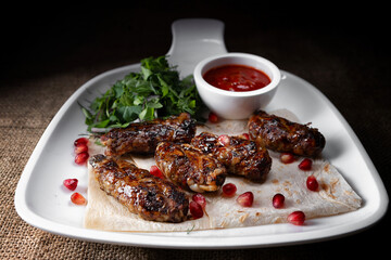 Juicy Ribs Skewers with BBQ Sauce, Herbs and Lavash
