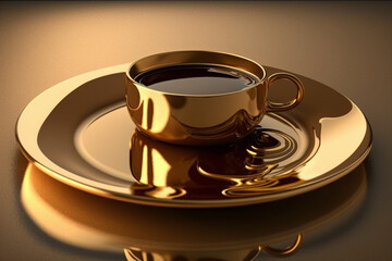 Morning coffee in a gold cup and golden plate. Rich and luxury lifestyle concept. Ai generated