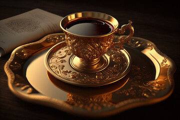 Morning coffee in a gold cup and golden plate. Rich and luxury lifestyle concept. Ai generated