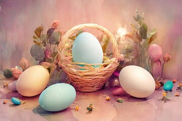 Easter eggs in a basket, watercolor illustration. Generative AI
