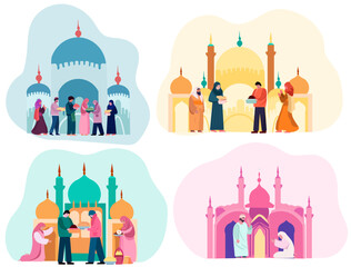 Celebrating Together: A Joyful Muslim Community with Mosque Silhouette Backdrop. Mans and women exchanging presents, extending congratulations to one another. Vector Illustration