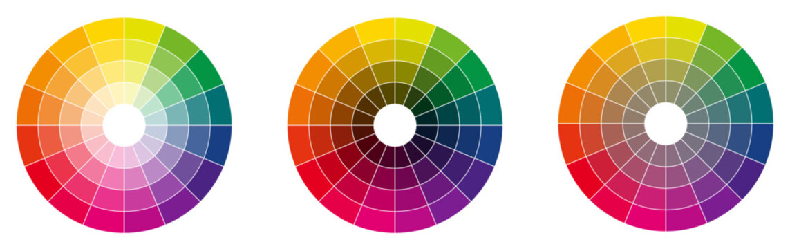 Colour palette wheel - RYB model, circle divided into sixteen shades, version with different light, dark and saturation