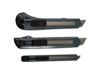 Set of box cutter on a white background. Stationery knife set.