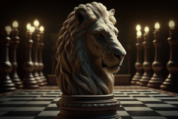 The Royal Lion King chess pieces on a chess board, winner of bussiness and successfully, management or leadership strategy and teamwork concept. Generative Ai - 589285271