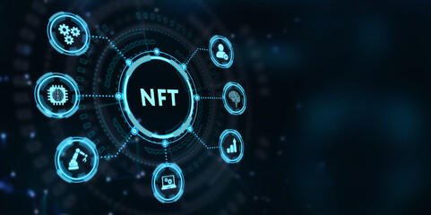 NFT Non-fungible token digital crypto on virtual screen. 3d illustration