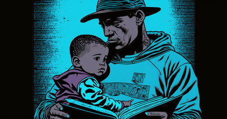 illustration by AI. Father's Day, with a blue father's coloraçao holding his son