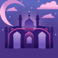 Islamic faith banner design. The silhouette of the mosque on the background of the sunset. Have a peaceful holy night. The holy month Ramadan. Vector illustration for banner, cards, posters. Vector